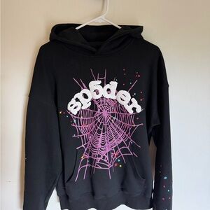 Black Hoodie with Pink Spiderweb & White Puff Lettering